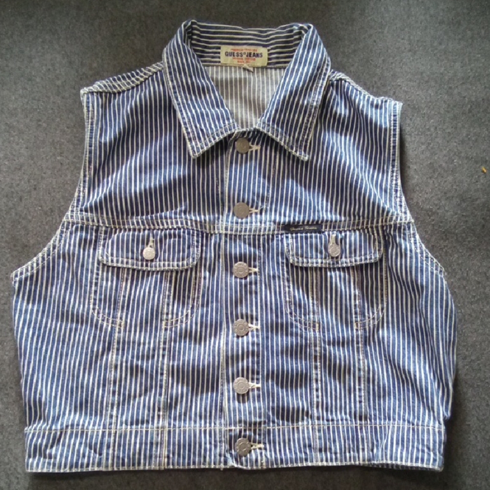 Vintage Guess Jeans Blue and White Striped Vest Large